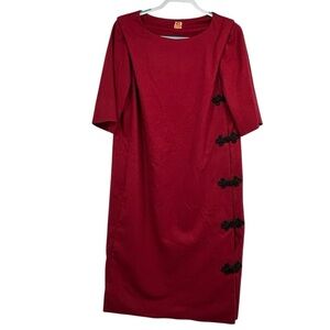 Vintage 1960s Handmade Couture Wool Dress Crimson Red w/ Black Frog Closures